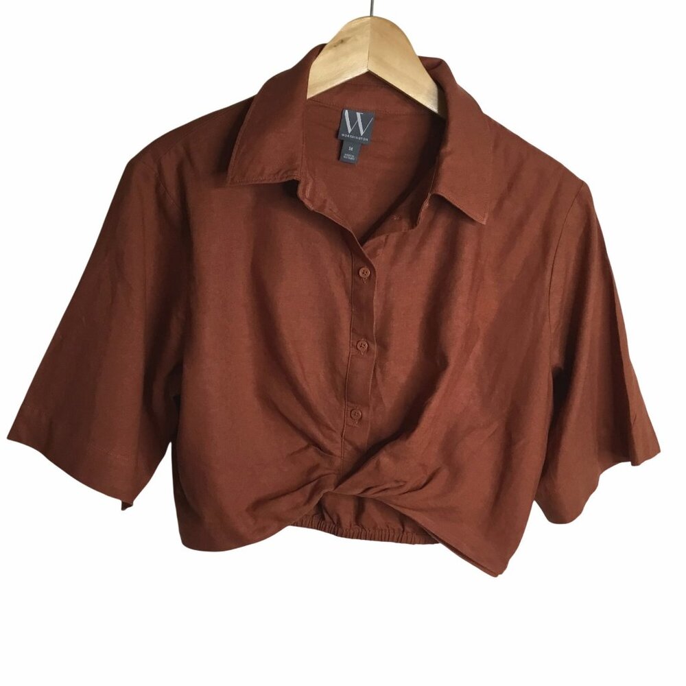 WORTHINGTON Terrracotta Poplin Crop Top Short Sleeve Button Front Side Zip M